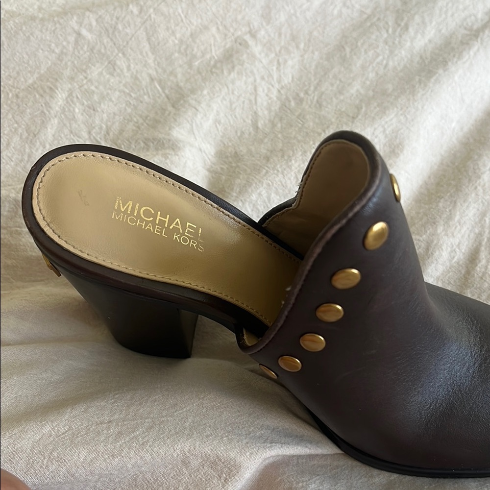Michael Kors Brown Leather Mules with Gold Studs